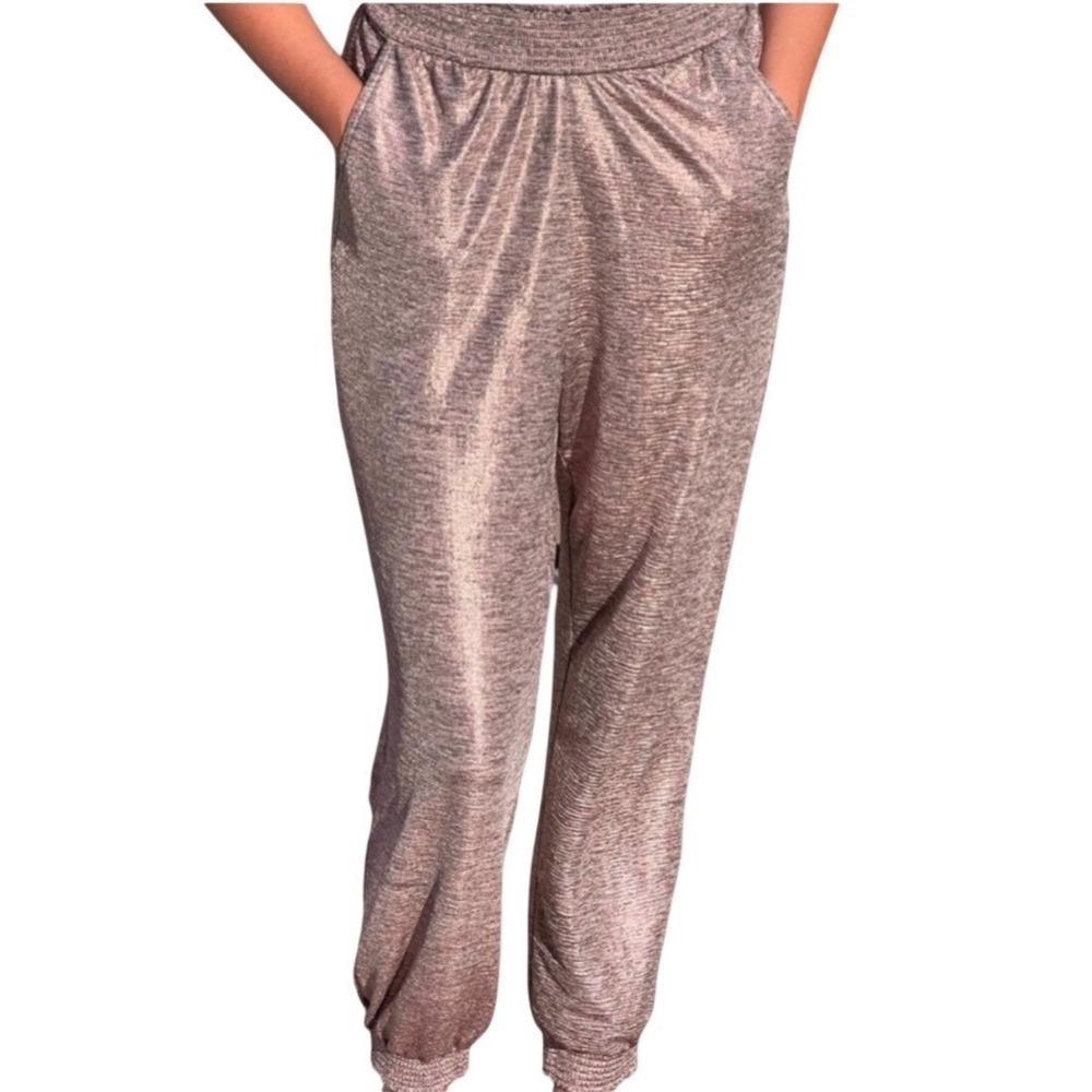 ANTHROPOLOGIE Melora Metallic Joggers, Pink Rose Gold Metallic Elastic Waist, XL